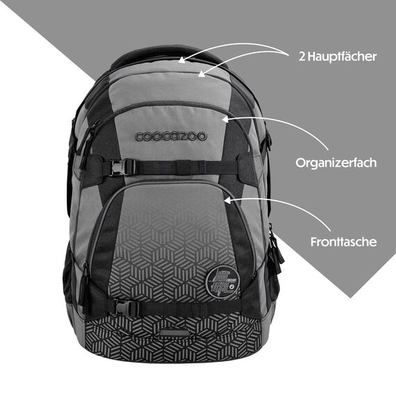 coocazoo Schulrucksack Mate „Black Carbon”, schwarz-grau, ergonomischer & anpassbarer Tornister, höhen- & größenverstellbar, mit Brustgurt & Hüftgurt, ab der 3. Klasse
