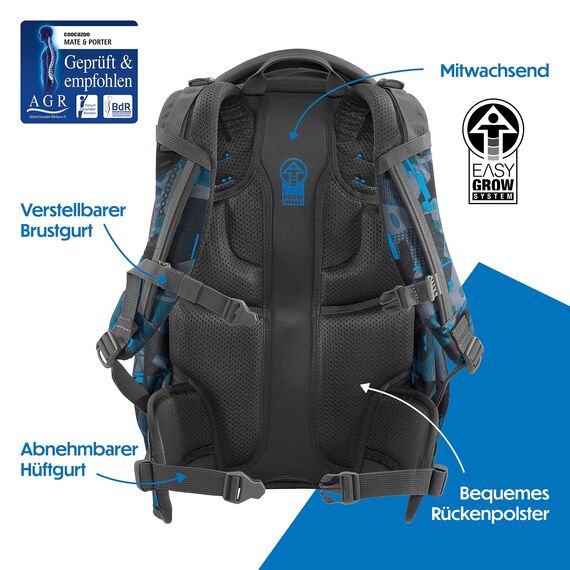 coocazoo Schulrucksack Mate „Blue Craft”,schwarz-blau, ergonomischer & anpassbarer Tornister, höhen- & größenverstellbar, mit Brustgurt & Hüftgurt, ab der 3. Klasse