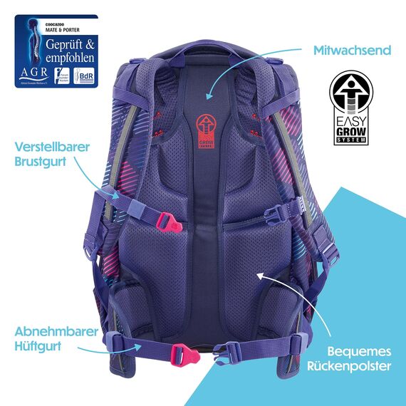 coocazoo Schulrucksack Mate „Indigo Illusion”, lila, ergonomischer & anpassbarer Tornister, höhen- & größenverstellbar, mit Brustgurt & Hüftgurt, ab der 3. Klasse
