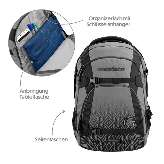 coocazoo Schulrucksack Mate „Black Carbon”, schwarz-grau, ergonomischer & anpassbarer Tornister, höhen- & größenverstellbar, mit Brustgurt & Hüftgurt, ab der 3. Klasse