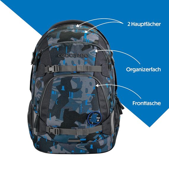coocazoo Schulrucksack Mate „Blue Craft”,schwarz-blau, ergonomischer & anpassbarer Tornister, höhen- & größenverstellbar, mit Brustgurt & Hüftgurt, ab der 3. Klasse