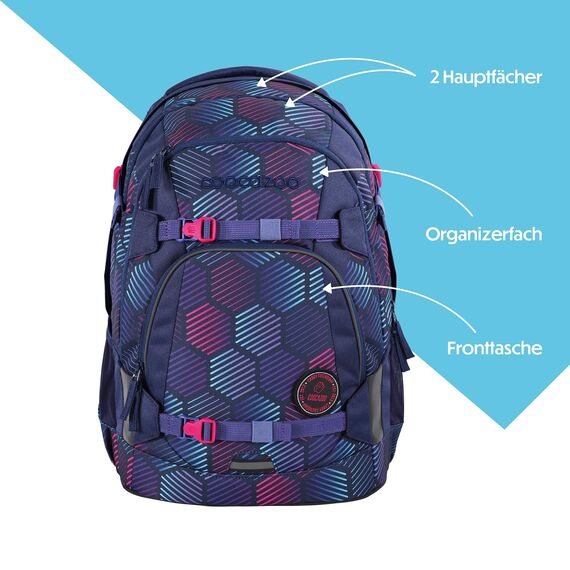 coocazoo Schulrucksack Mate „Indigo Illusion”, lila, ergonomischer & anpassbarer Tornister, höhen- & größenverstellbar, mit Brustgurt & Hüftgurt, ab der 3. Klasse