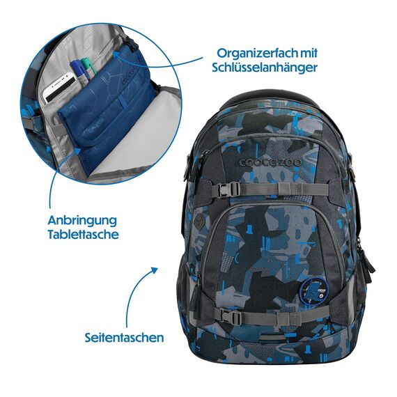 coocazoo Schulrucksack Mate „Blue Craft”,schwarz-blau, ergonomischer & anpassbarer Tornister, höhen- & größenverstellbar, mit Brustgurt & Hüftgurt, ab der 3. Klasse
