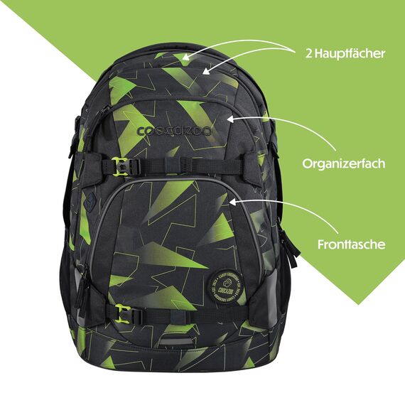 coocazoo Schulrucksack Mate „Lime Flash”, schwarz-grün, ergonomischer & anpassbarer Tornister, höhen- & größenverstellbar, mit Brustgurt & Hüftgurt, ab der 3. Klasse