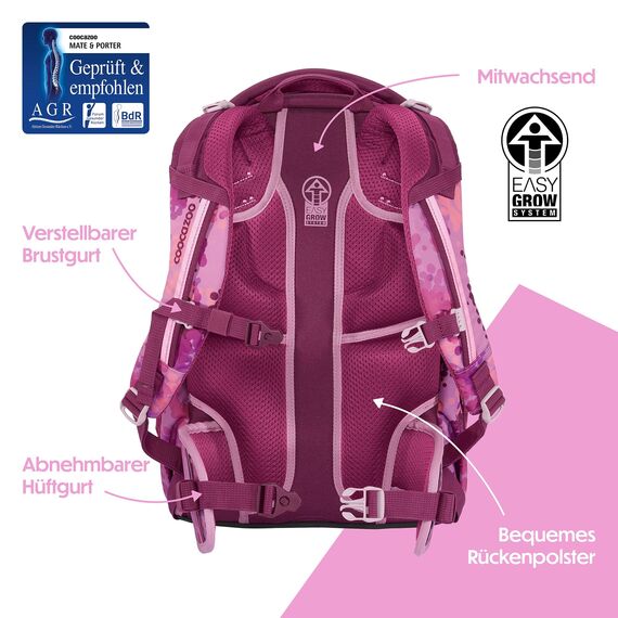coocazoo Schulrucksack Mate „Cherry Blossom”, rosa, ergonomischer & anpassbarer Tornister, höhen- & größenverstellbar, mit Brustgurt & Hüftgurt, ab der 3. Klasse