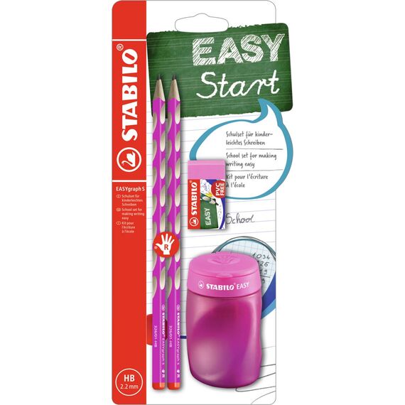 STABILO - Schul-Set für Rechtshänder - EASYgraph S in pink - inklusive Spitzer + Radierer
