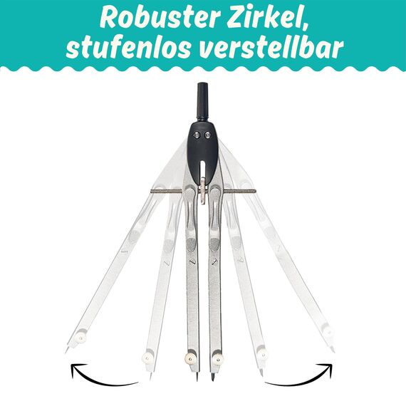 CALCUSO Geometrie Set Pro – 15-teiliges Geodreieck Set mit Zirkel mit Feststellrad, Lineal, Radiergummi und Anspitzer in schwarzer Federmappe – ideal für Schule, Uni, Büro, Zirkel ab 4. Klasse