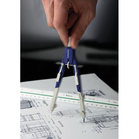 STAEDTLER Mars Comfort 552 01 Zirkel, Schnellverstellzirkel, auswechselbare Nadel, Schenkel abknickbar, Durchmesser Zeichenkreis: 350 mm, Länge: 170 mm, Farbe: blau, silber, Klappdeckeletui