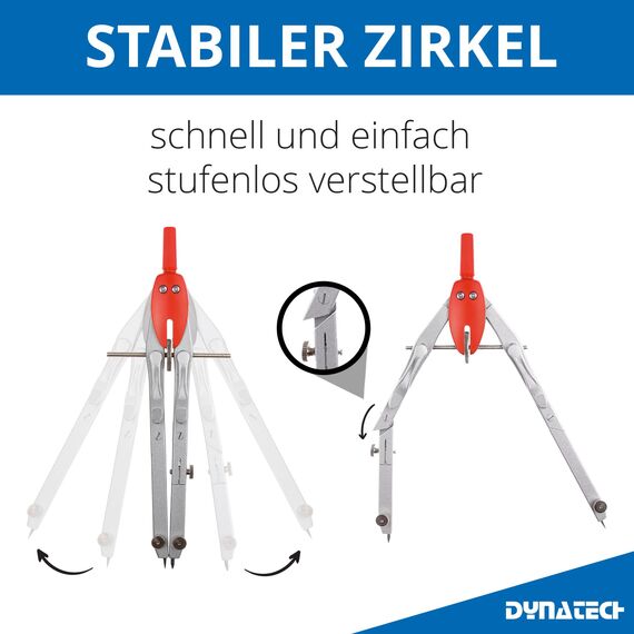DynaTech Zirkel Set Geometrieset 13-Teilig mit Schnellverstellzirkel, Geodreieck, Parabel, Bleistift, Lineal, Spitzer und Ersatzminen im Etui rot - praktisches Mathematik-Set inkl. Federmappe
