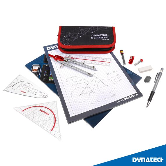 DynaTech Zirkel Set Geometrieset 13-Teilig mit Schnellverstellzirkel, Geodreieck, Parabel, Bleistift, Lineal, Spitzer und Ersatzminen im Etui rot - praktisches Mathematik-Set inkl. Federmappe