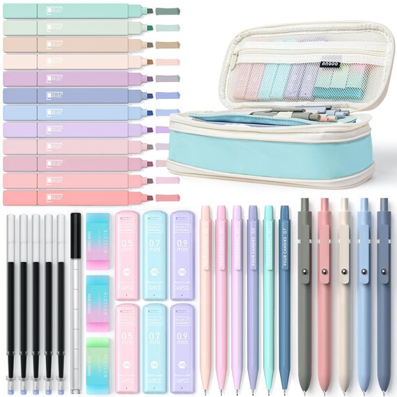 Four Candies 39 Stück Schulsachen mit Mäppchen, 12 Pastell Textmarker, 5 Gelstifte, 6 Druckbleistift Set, Aesthetic Stifte und Coole Sachen für Teenager Mädchen School Stuff Clean Girl (Blauer)