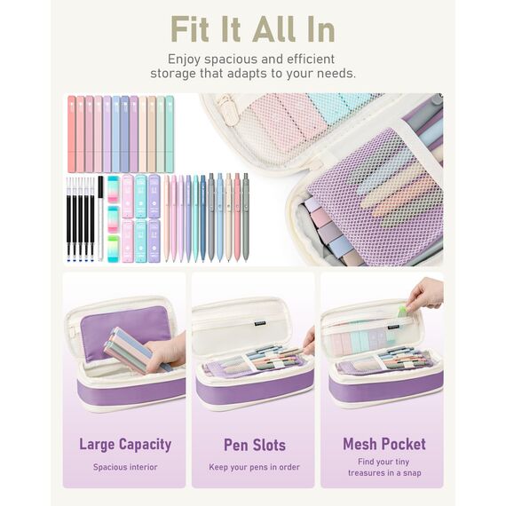 Four Candies 39 Stück Schulsachen mit Mäppchen, 12 Pastell Textmarker, 5 Gelstifte, 6 Druckbleistift Set, Aesthetic Stifte und Coole Sachen für Teenager Mädchen School Stuff Clean Girl (Lila)