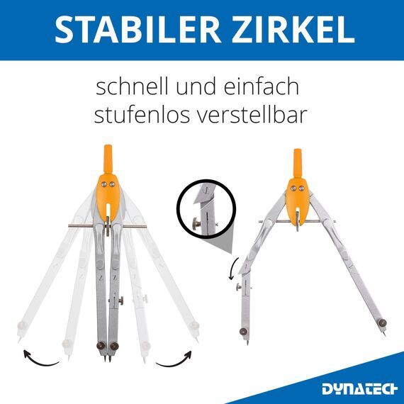 DynaTech Zirkel Set Geometrieset 13-Teilig mit Schnellverstellzirkel, Geodreieck, Parabel, Bleistift, Lineal, Spitzer und Ersatzminen im Etui orange - praktisches Mathematik-Set inkl. Federmappe