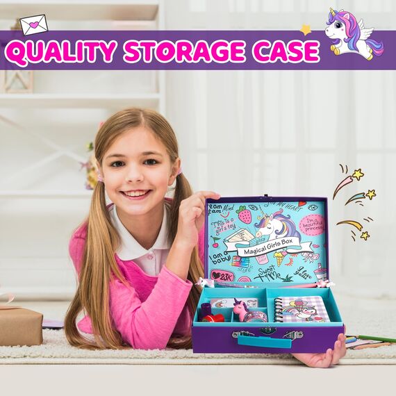 Unicorn Journal Schreibwaren-Set, Einhorn-Geschenke für Mädchen im Alter von 6 bis 12 Jahren, 49-teiliges Briefschreib- und Bastelset mit Aufbewahrungskoffer. Geschenk für Geburtstag und Weihnachten