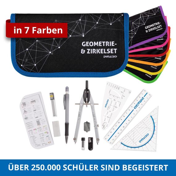 DynaTech Zirkel Set Geometrieset 13-Teilig mit Zirkel, Geodreieck, Parabel, Bleistift, Lineal, Spitzer und Ersatzminen im Etui mit Reißverschluss blau - praktisches Mathematik-Set inkl. Federmappe
