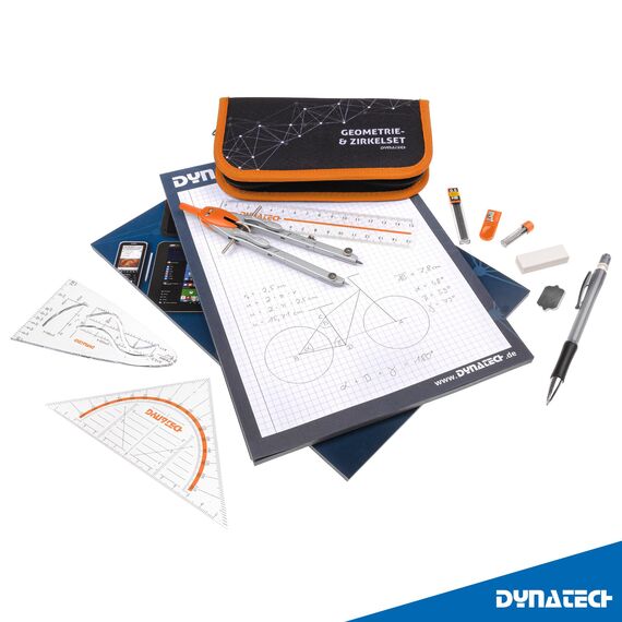 DynaTech Zirkel Set Geometrieset 13-Teilig mit Schnellverstellzirkel, Geodreieck, Parabel, Bleistift, Lineal, Spitzer und Ersatzminen im Etui orange - praktisches Mathematik-Set inkl. Federmappe