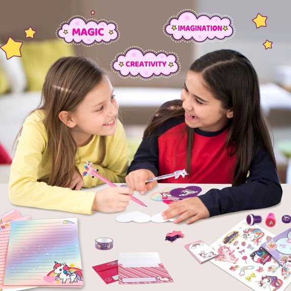 Unicorn Journal Schreibwaren-Set, Einhorn-Geschenke für Mädchen im Alter von 6 bis 12 Jahren, 49-teiliges Briefschreib- und Bastelset mit Aufbewahrungskoffer. Geschenk für Geburtstag und Weihnachten