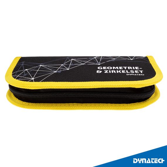 DynaTech Zirkel Set Geometrieset 13-Teilig mit Schnellverstellzirkel, Geodreieck, Parabel, Bleistift, Lineal, Spitzer und Ersatzminen im Etui - praktisches Mathematik-Set inkl. Federmappe (Gelb)