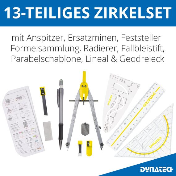 DynaTech Zirkel Set Geometrieset 13-Teilig mit Schnellverstellzirkel, Geodreieck, Parabel, Bleistift, Lineal, Spitzer und Ersatzminen im Etui - praktisches Mathematik-Set inkl. Federmappe (Gelb)