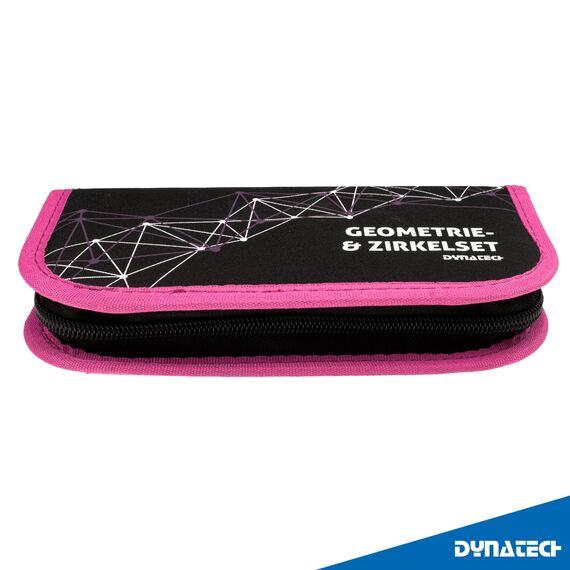 DynaTech Zirkel Set Geometrieset 13-Teilig mit Schnellverstellzirkel, Geodreieck, Parabel, Bleistift, Lineal, Spitzer und Ersatzminen im Etui pink - praktisches Mathematik-Set inkl. Federmappe
