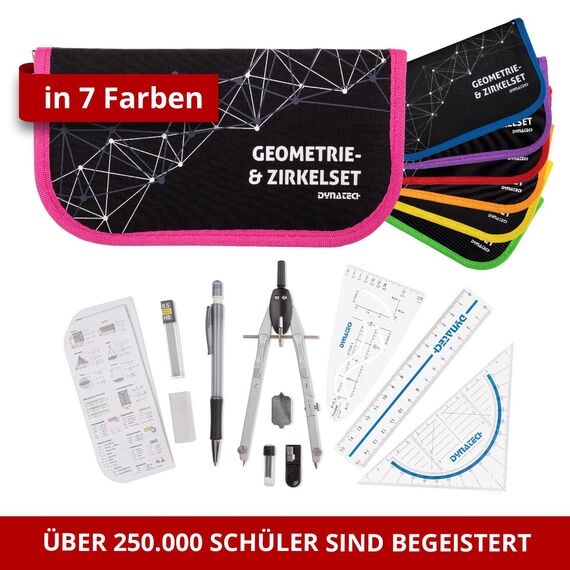 DynaTech Zirkel Set Geometrieset 13-Teilig mit Schnellverstellzirkel, Geodreieck, Parabel, Bleistift, Lineal, Spitzer und Ersatzminen im Etui pink - praktisches Mathematik-Set inkl. Federmappe