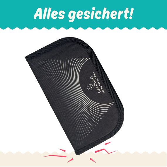 CALCUSO Geometrie Set Pro – 15-teiliges Geodreieck Set mit Zirkel mit Feststellrad, Lineal, Radiergummi und Anspitzer in schwarzer Federmappe – ideal für Schule, Uni, Büro, Zirkel ab 4. Klasse