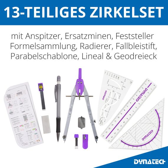 DynaTech Zirkel Set Geometrieset 13-Teilig mit Schnellverstellzirkel, Geodreieck, Parabel, Bleistift, Lineal, Spitzer und Ersatzminen im Etui - praktisches Mathematik-Set inkl. Federmappe (Violett)