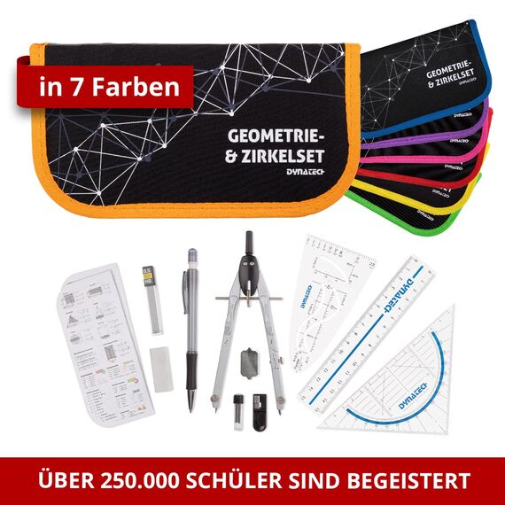 DynaTech Zirkel Set Geometrieset 13-Teilig mit Schnellverstellzirkel, Geodreieck, Parabel, Bleistift, Lineal, Spitzer und Ersatzminen im Etui orange - praktisches Mathematik-Set inkl. Federmappe