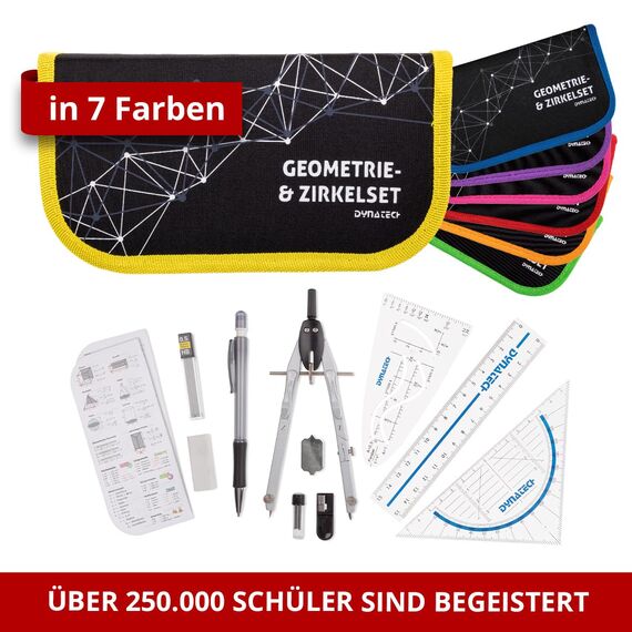 DynaTech Zirkel Set Geometrieset 13-Teilig mit Schnellverstellzirkel, Geodreieck, Parabel, Bleistift, Lineal, Spitzer und Ersatzminen im Etui - praktisches Mathematik-Set inkl. Federmappe (Gelb)