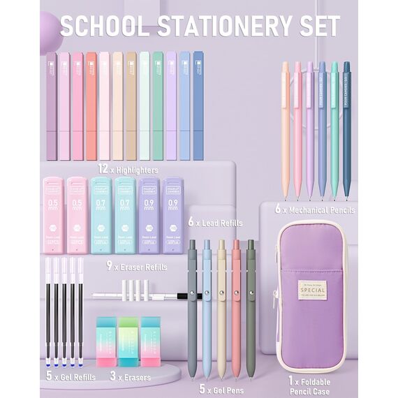 Four Candies 39 Stück Schulsachen mit Mäppchen, 12 Pastell Textmarker, 5 Gelstifte, 6 Druckbleistift Set, Aesthetic Stifte und Coole Sachen für Teenager Mädchen School Stuff Clean Girl (Lila)