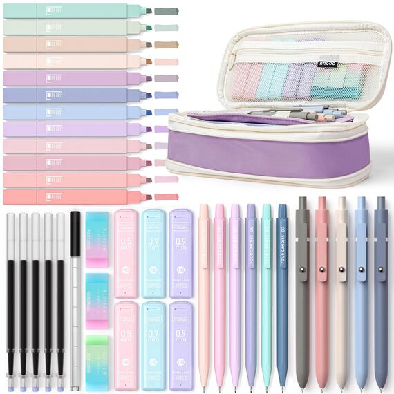 Four Candies 39 Stück Schulsachen mit Mäppchen, 12 Pastell Textmarker, 5 Gelstifte, 6 Druckbleistift Set, Aesthetic Stifte und Coole Sachen für Teenager Mädchen School Stuff Clean Girl (Lila)