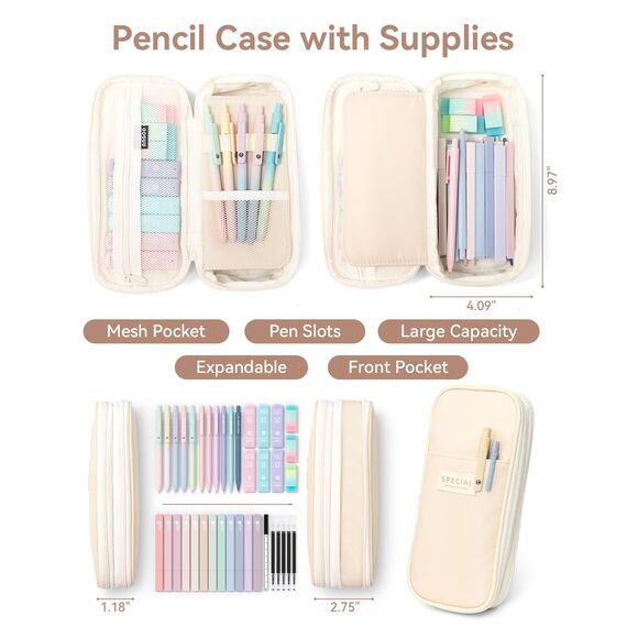 Four Candies 39 Stück Schulsachen mit Mäppchen, 12 Pastell Textmarker, 5 Gelstifte, 6 Druckbleistift Set, Aesthetic Stifte und Coole Sachen für Teenager Mädchen School Stuff Clean Girl (Creme)