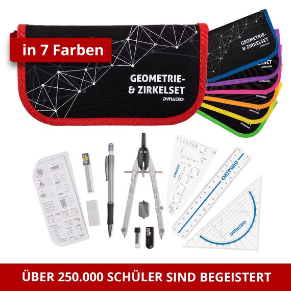 DynaTech Zirkel Set Geometrieset 13-Teilig mit Schnellverstellzirkel, Geodreieck, Parabel, Bleistift, Lineal, Spitzer und Ersatzminen im Etui rot - praktisches Mathematik-Set inkl. Federmappe