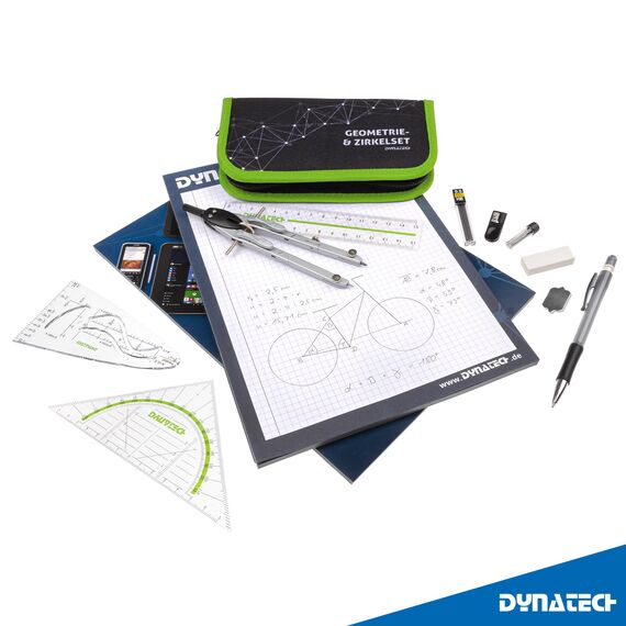 DynaTech Zirkel Set Geometrieset 13-Teilig mit Schnellverstellzirkel, Geodreieck, Parabel, Bleistift, Lineal, Spitzer und Ersatzminen im Etui grün - praktisches Mathematik-Set inkl. Federmappe