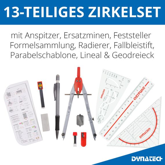 DynaTech Zirkel Set Geometrieset 13-Teilig mit Schnellverstellzirkel, Geodreieck, Parabel, Bleistift, Lineal, Spitzer und Ersatzminen im Etui rot - praktisches Mathematik-Set inkl. Federmappe