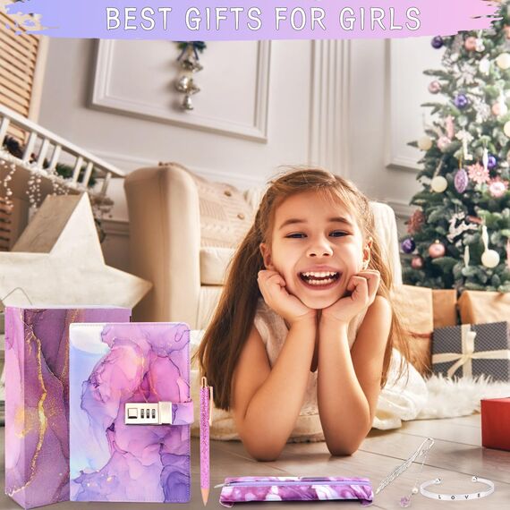 Geschenke für Mädchen 8 9 10 11 12 13 Jahre, Tagebuch mit Schloss Mädchen, Valentinstag Geburtstag Geschenke Mädchen Alter 7-14, Notizbüch Set mit Code Schule Schreibwaren Stift Mäppchen Einschulung