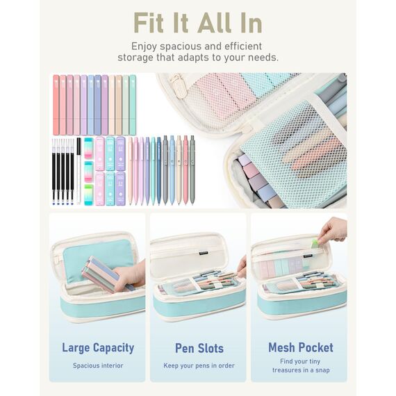 Four Candies 39 Stück Schulsachen mit Mäppchen, 12 Pastell Textmarker, 5 Gelstifte, 6 Druckbleistift Set, Aesthetic Stifte und Coole Sachen für Teenager Mädchen School Stuff Clean Girl (Blauer)