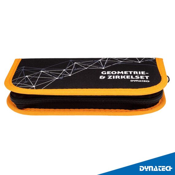 DynaTech Zirkel Set Geometrieset 13-Teilig mit Schnellverstellzirkel, Geodreieck, Parabel, Bleistift, Lineal, Spitzer und Ersatzminen im Etui orange - praktisches Mathematik-Set inkl. Federmappe