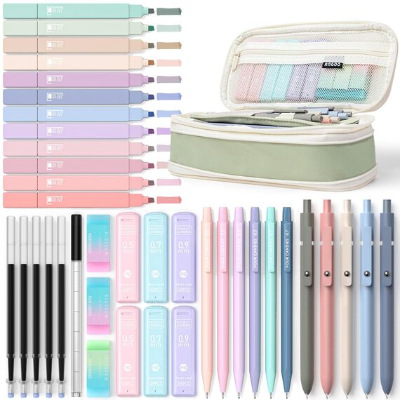Four Candies 39 Stück Schulsachen mit Mäppchen, 12 Pastell Textmarker, 5 Gelstifte, 6 Druckbleistift Set, Aesthetic Stifte und Coole Sachen für Teenager Mädchen School Stuff Clean Girl (Grün)