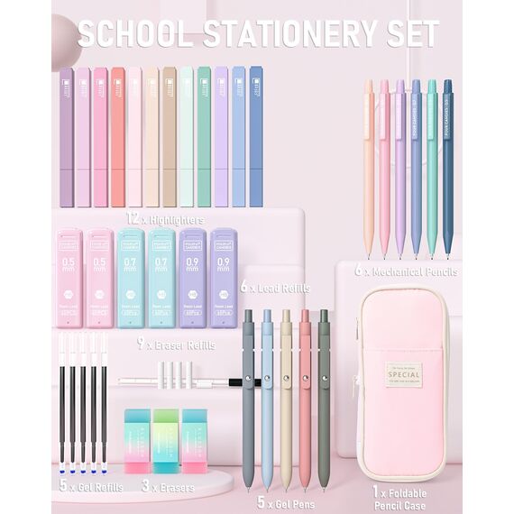 Four Candies 39 Stück Schulsachen mit Mäppchen, 12 Pastell Textmarker, 5 Gelstifte, 6 Druckbleistift Set, Aesthetic Stifte für Teenager Mädchen Coole Sachen School Stuff Clean Girl Office Adult(Rosa)