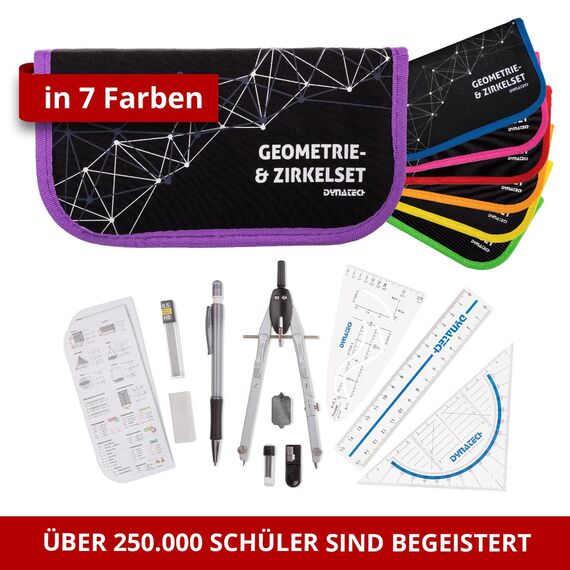 DynaTech Zirkel Set Geometrieset 13-Teilig mit Schnellverstellzirkel, Geodreieck, Parabel, Bleistift, Lineal, Spitzer und Ersatzminen im Etui - praktisches Mathematik-Set inkl. Federmappe (Violett)