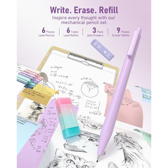 Four Candies 39 Stück Schulsachen mit Mäppchen, 12 Pastell Textmarker, 5 Gelstifte, 6 Druckbleistift Set, Aesthetic Stifte und Coole Sachen für Teenager Mädchen School Stuff Clean Girl (Lila)