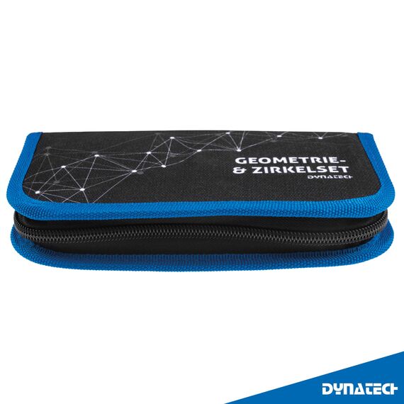 DynaTech Zirkel Set Geometrieset 13-Teilig mit Zirkel, Geodreieck, Parabel, Bleistift, Lineal, Spitzer und Ersatzminen im Etui mit Reißverschluss blau - praktisches Mathematik-Set inkl. Federmappe