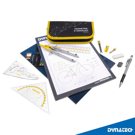 DynaTech Zirkel Set Geometrieset 13-Teilig mit Schnellverstellzirkel, Geodreieck, Parabel, Bleistift, Lineal, Spitzer und Ersatzminen im Etui - praktisches Mathematik-Set inkl. Federmappe (Gelb)