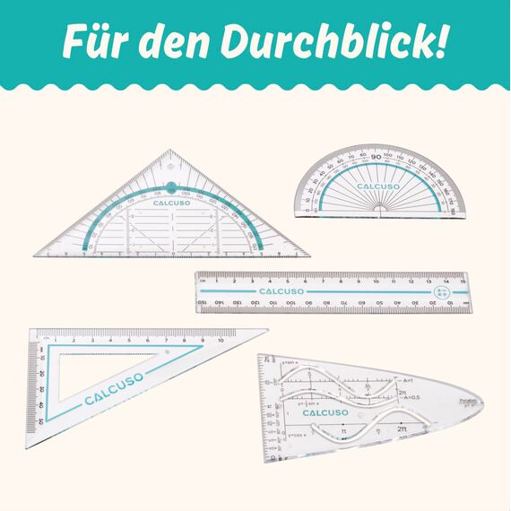 CALCUSO Geometrie Set 14-Teilig mit Zirkel, Geodreieck in Stabiler Metallbox - praktisches Mathematik-Set für Schule, Büro, Uni, Zeichnungen, Grundschulen
