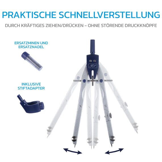 Facile Scriptum Hochwertiges Zirkelset (Blau) – 13-teiliges Geometrieset - Zirkel mit Schnellverstellung, Feinminen-Bleistift aus Metall, Geodreieck, Radierer und vieles mehr – Mathe-Set mit Etui