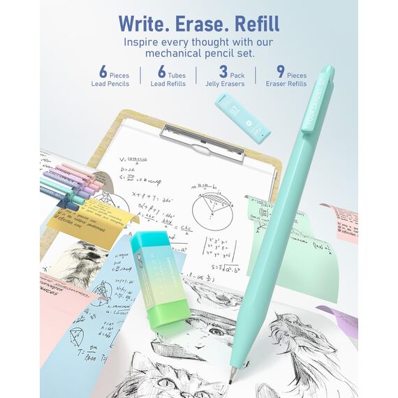 Four Candies 39 Stück Schulsachen mit Mäppchen, 12 Pastell Textmarker, 5 Gelstifte, 6 Druckbleistift Set, Aesthetic Stifte und Coole Sachen für Teenager Mädchen School Stuff Clean Girl (Blauer)