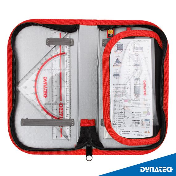 DynaTech Zirkel Set Geometrieset 13-Teilig mit Schnellverstellzirkel, Geodreieck, Parabel, Bleistift, Lineal, Spitzer und Ersatzminen im Etui rot - praktisches Mathematik-Set inkl. Federmappe