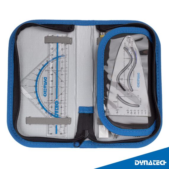 DynaTech Zirkel Set Geometrieset 13-Teilig mit Zirkel, Geodreieck, Parabel, Bleistift, Lineal, Spitzer und Ersatzminen im Etui mit Reißverschluss blau - praktisches Mathematik-Set inkl. Federmappe