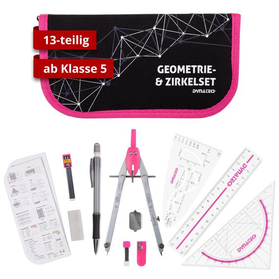 DynaTech Zirkel Set Geometrieset 13-Teilig mit Schnellverstellzirkel, Geodreieck, Parabel, Bleistift, Lineal, Spitzer und Ersatzminen im Etui pink - praktisches Mathematik-Set inkl. Federmappe